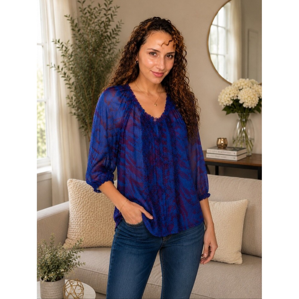 Express Women's Blue & Purple Sheer Printed Blouse‎ SZ L